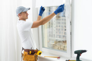 A window contractor installs a window